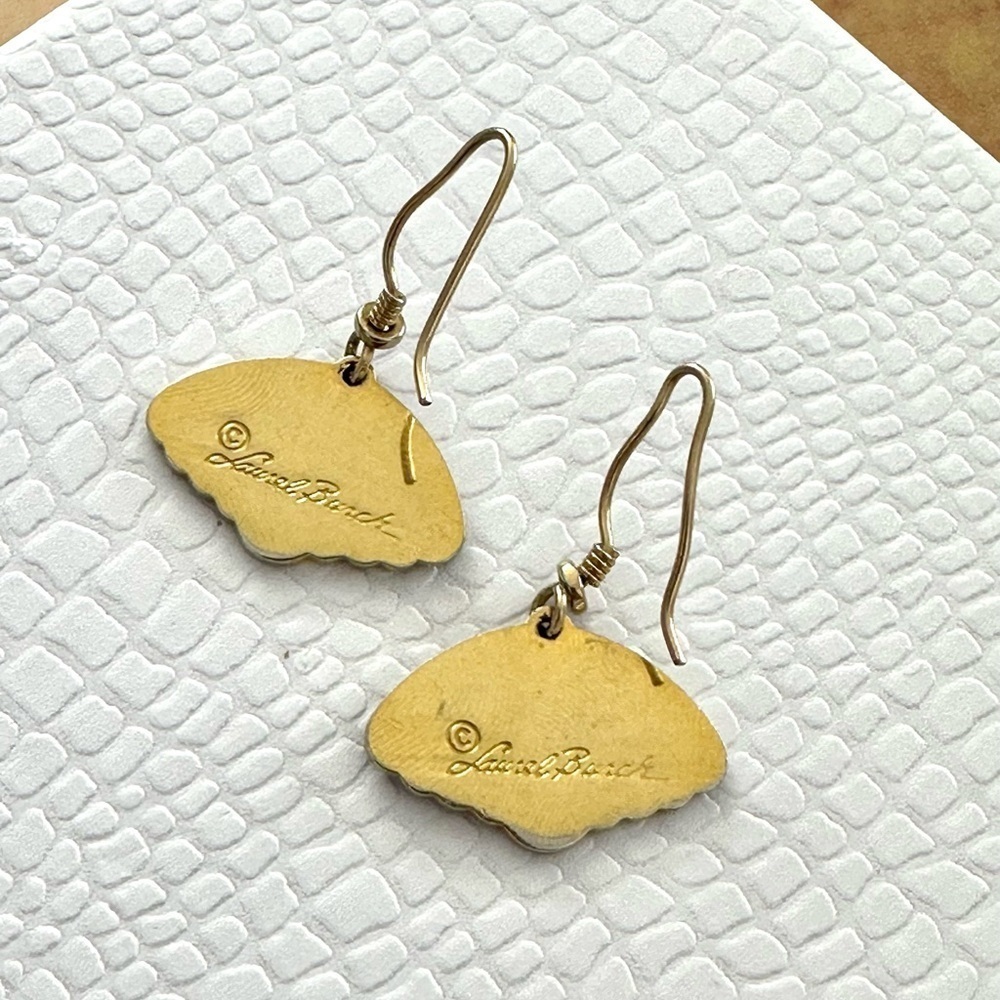 Vintage Laurel Burch Enamel Earrings Teal Gold Abstract Wing 1980s Cloisonné - Picture 3 of 3